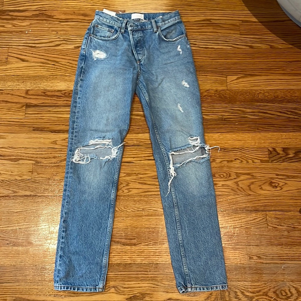 Boyish Jeans Medium Wash Asymmetrical Waist Straight Leg Distressed Jeans (25)